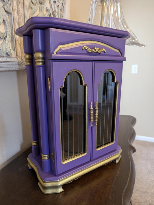 Vintage Custom One of a Kind Hand Painted Tabletop Purple & Gold Large Jewelry Box