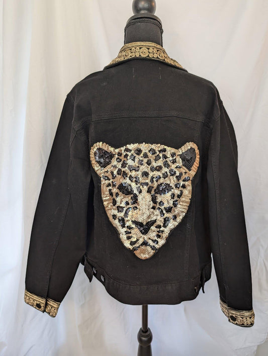 Custom XL Black Denim Jacket W/ Sequined Black Panther & Fancy Gold Trim Cuffs Collar