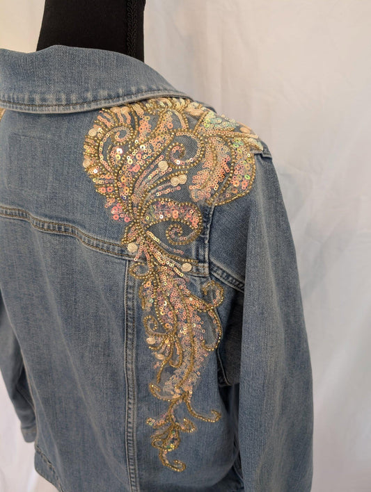 Custom Designed Vintage Levis Denim Jean Jacket W/  Sequin Panels - One of a kind!