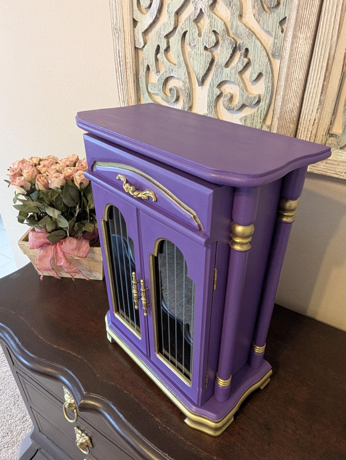 Vintage Custom One of a Kind Hand Painted Tabletop Purple & Gold Large Jewelry Box