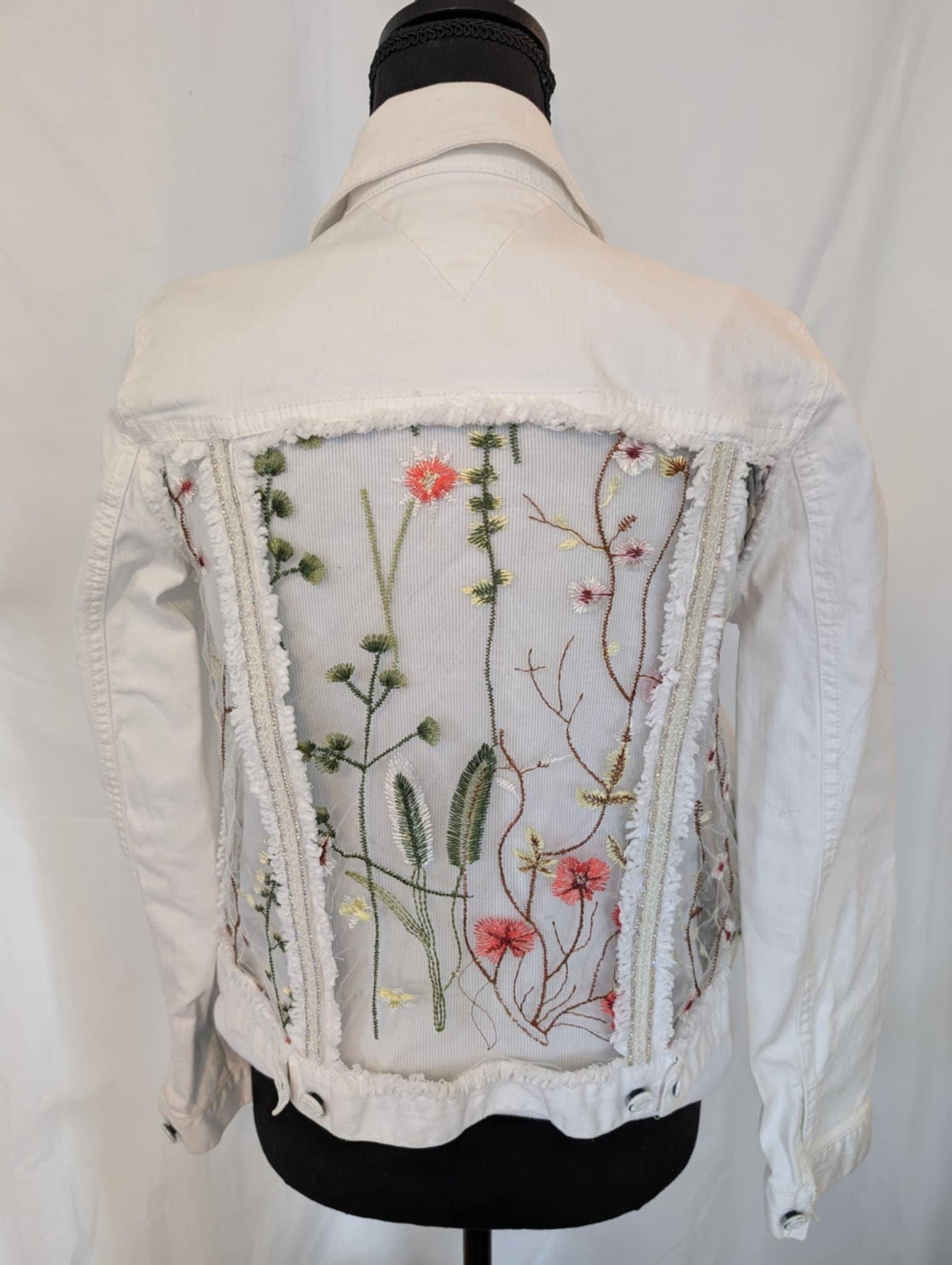 Vintage Tommy Hilfiger Denim Jacket, Embroidered Floral Tulle, Rhinestone Trim