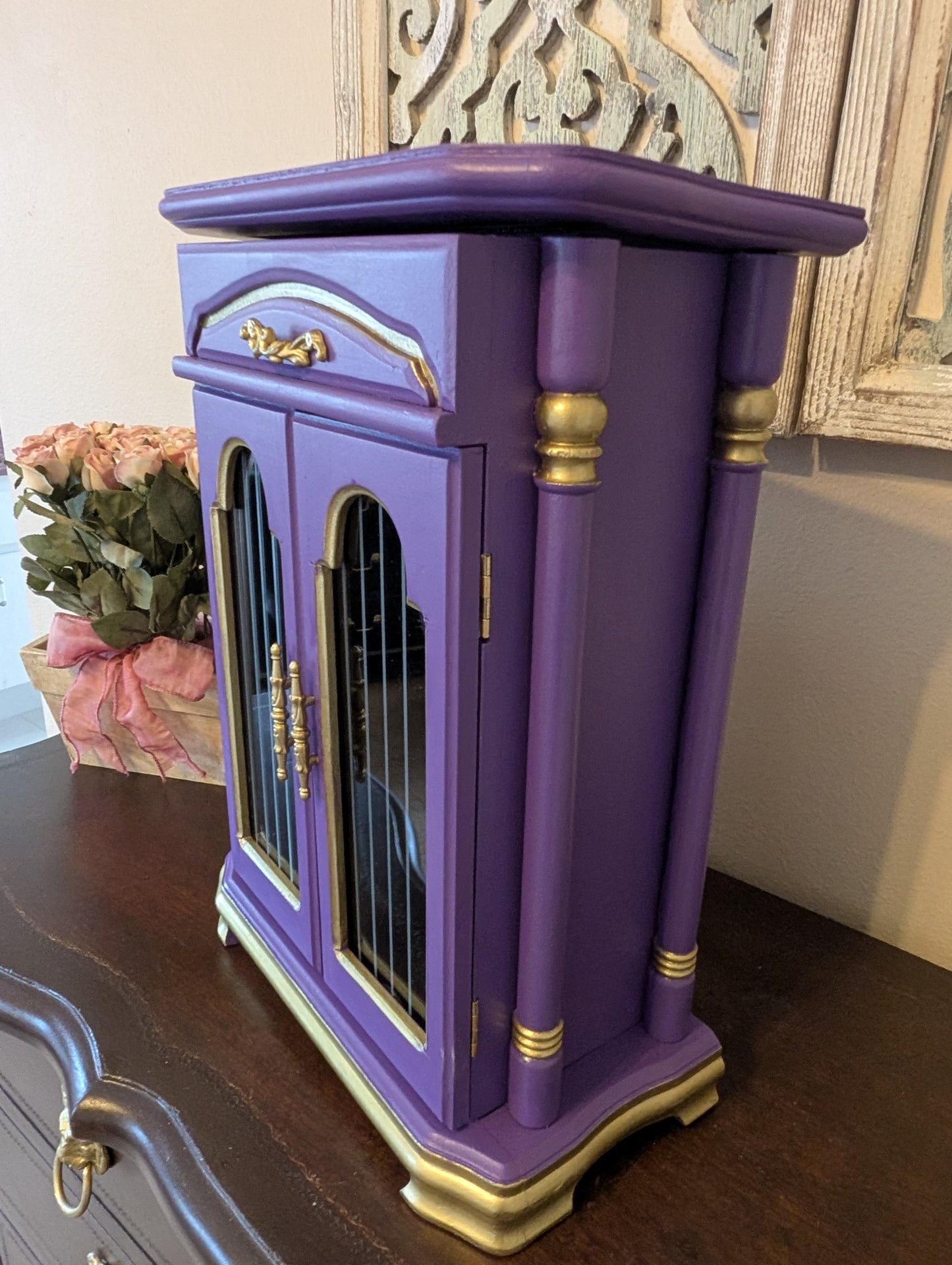 Vintage Custom One of a Kind Hand Painted Tabletop Purple & Gold Large Jewelry Box