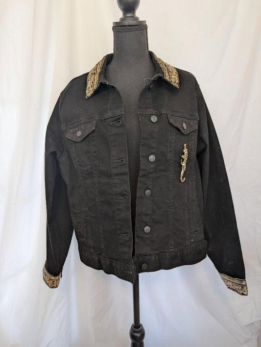 Custom XL Black Denim Jacket W/ Sequined Black Panther & Fancy Gold Trim Cuffs Collar