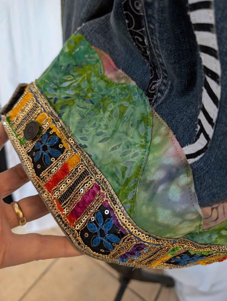 Custom Designed Denim Jacket W/ Colorful Raw Edge Applique Flowers - One of a Kind!