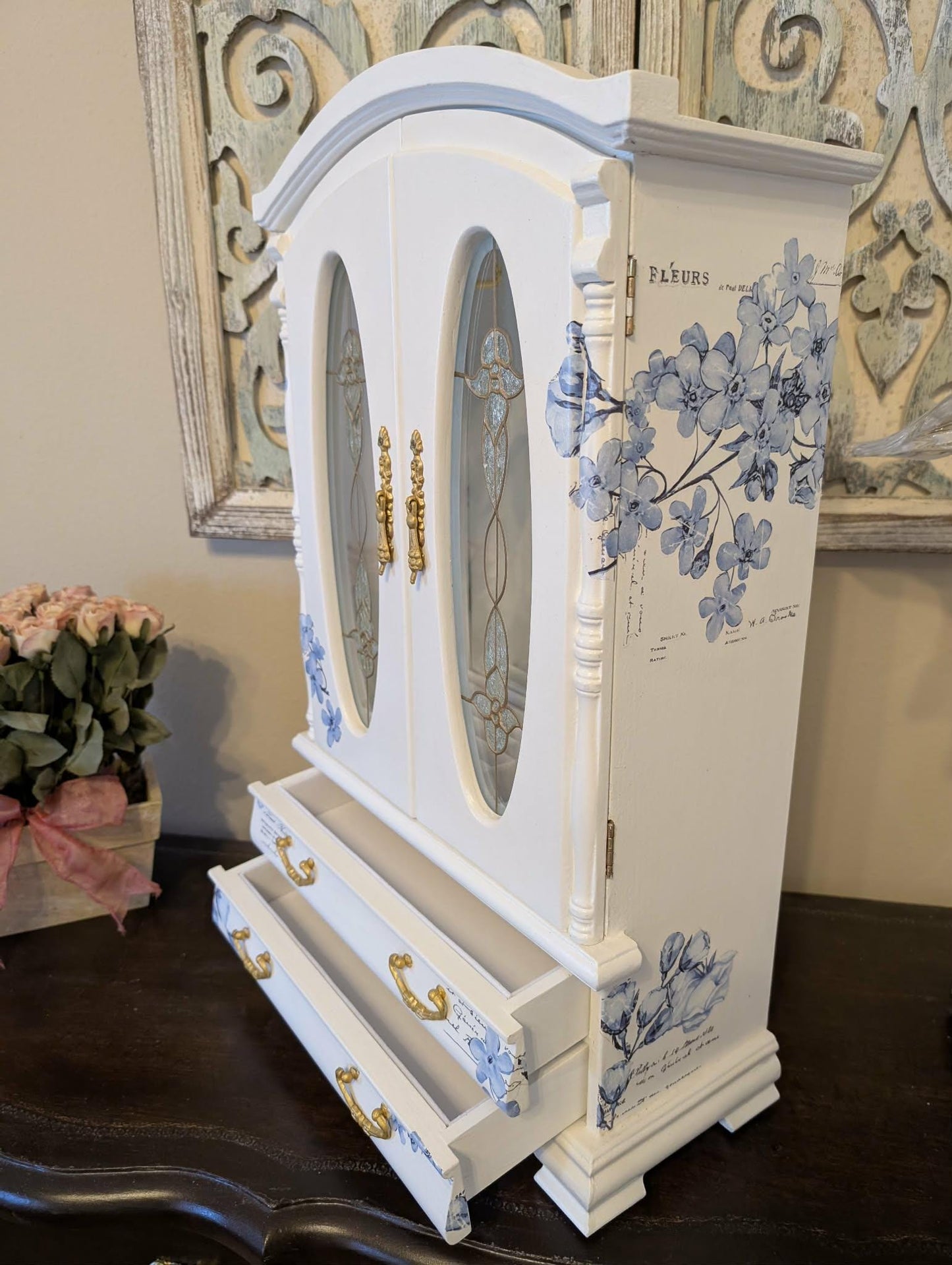 Vintage Custom Hand Painted French Country Tabletop Blue, White & Gold XL Jewelry Box