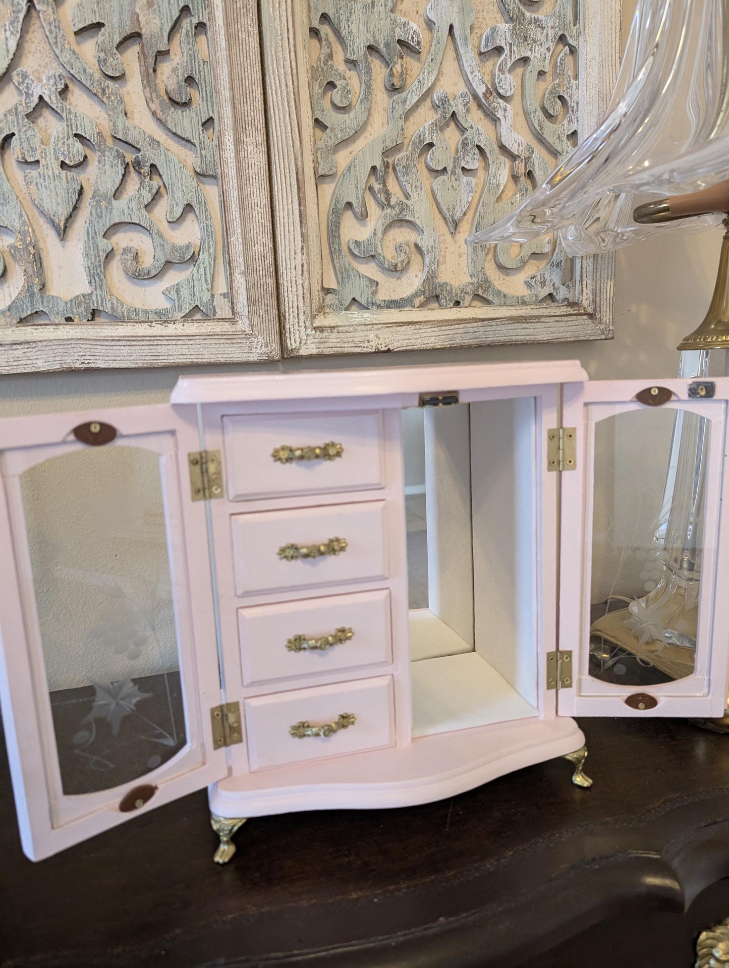 Vintage Custom Hand Painted Shabby Chic Tabletop Pink White & Gold Jewelry Box