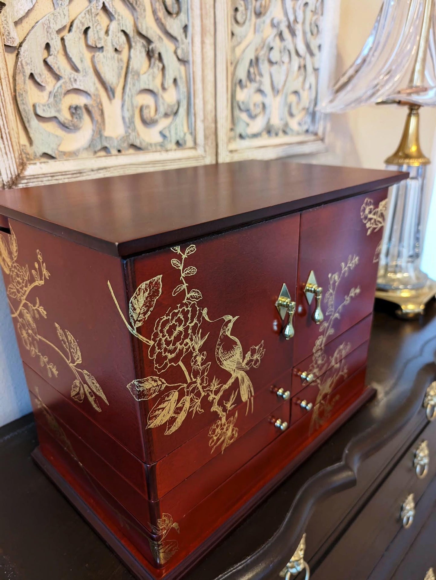Vintage Lori Greiner Cherry Jewelry Box: Metallic Gold Bird Floral Design, Extra Large
