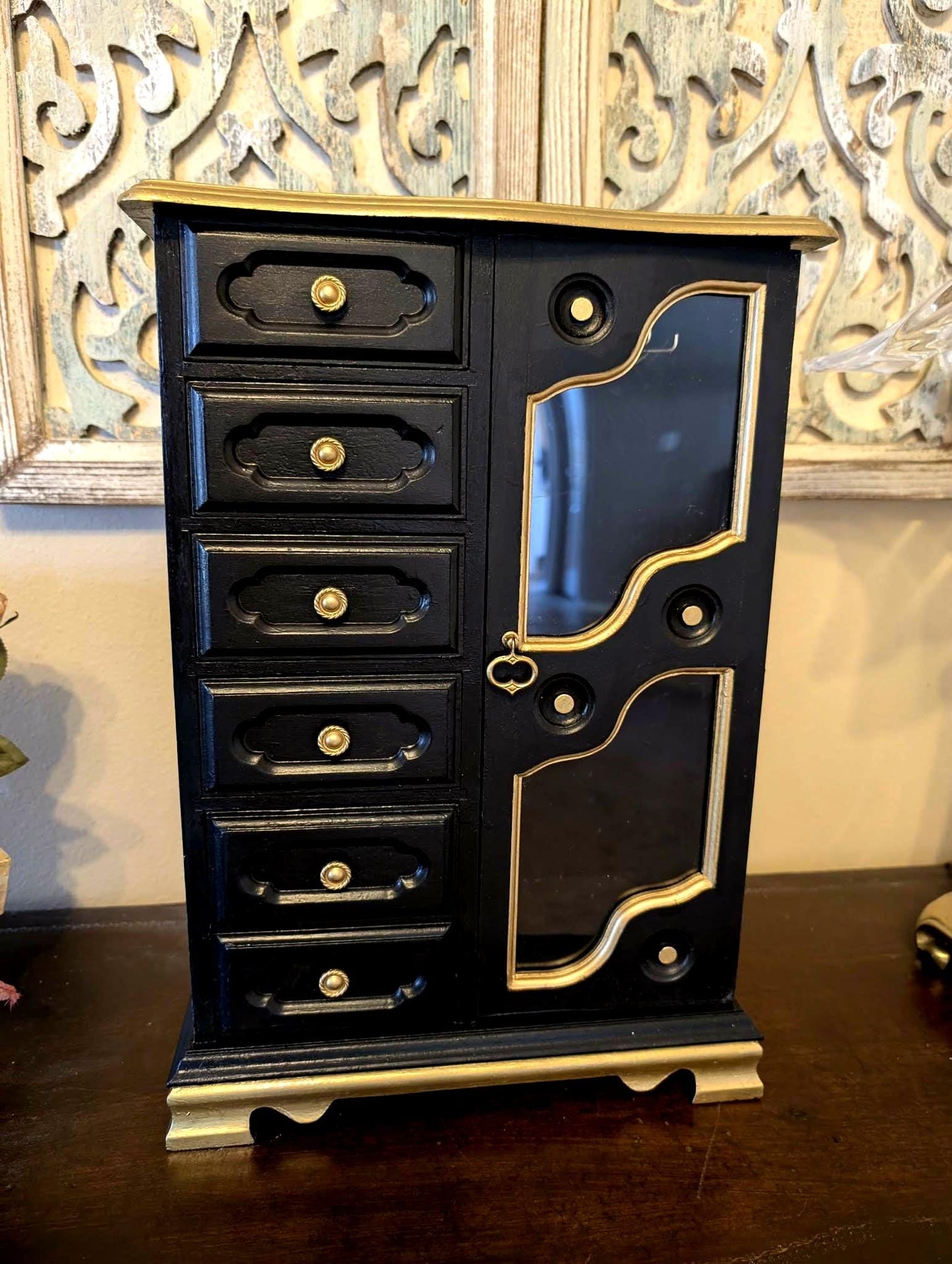Vintage One of a Kind Boho Bohemian Tabletop Black & Paisley XL Jewelry Box