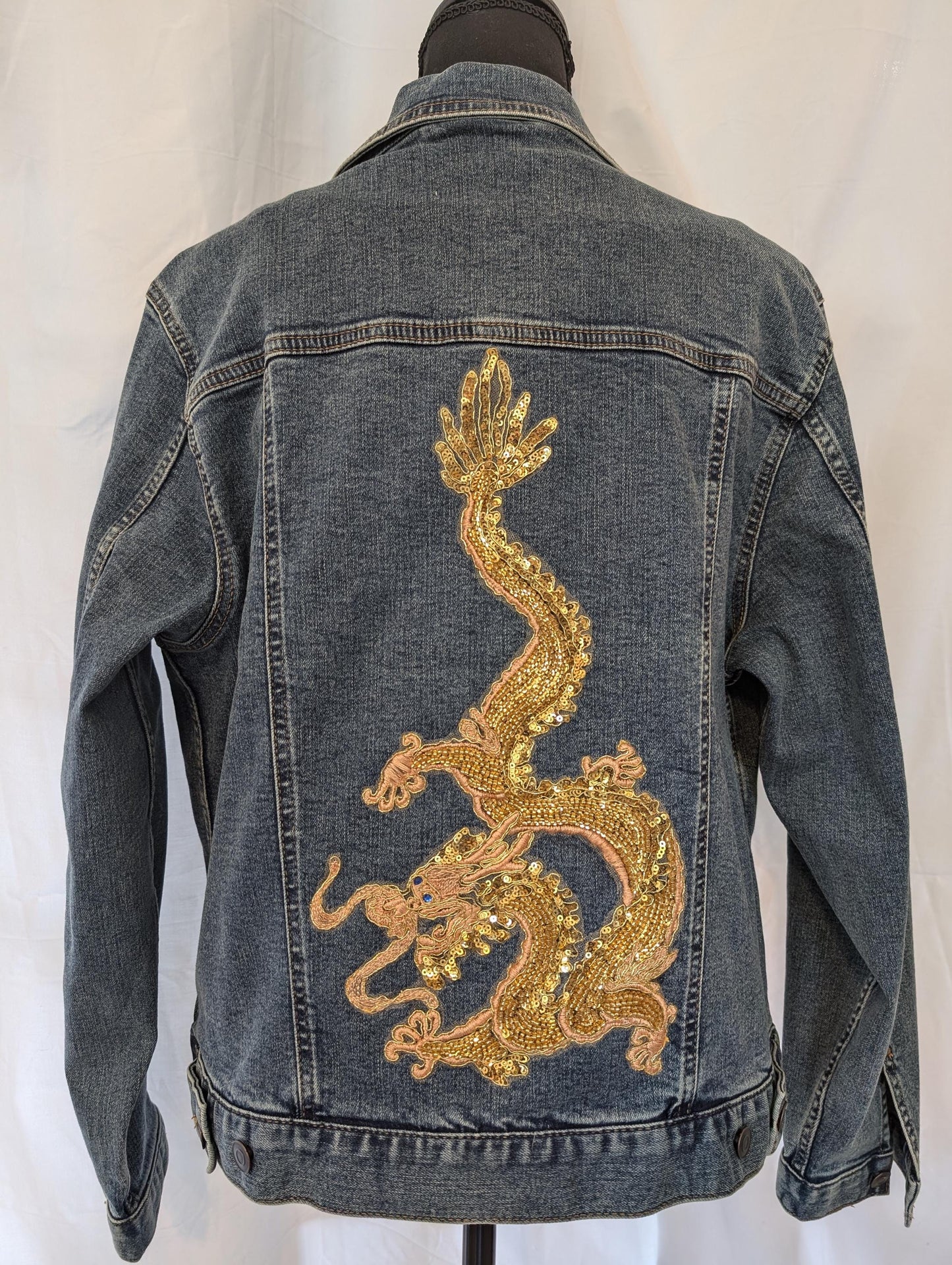 Custom Denim Jacket W/ Beaded and Sequins Gold Chinese Dragon
