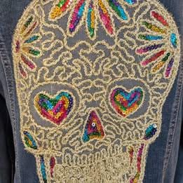 Custom Designed Denim Jacket W/ Colorful Sequin Sugar Skull - One of a Kind!
