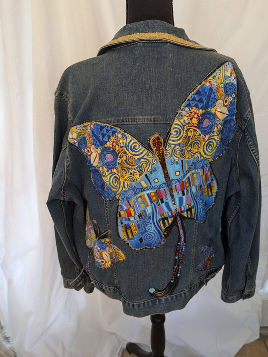 Custom Designed XXL Denim Jacket W/ Colorful Raw Edge Applique Butterfly - One of a Kind!