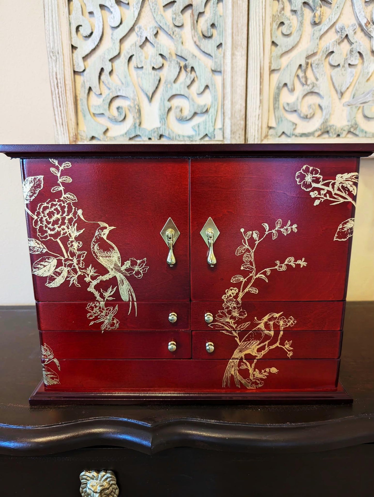 Vintage Lori Greiner Cherry Jewelry Box: Metallic Gold Bird Floral Design, Extra Large