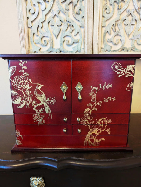 Vintage Lori Greiner Cherry Jewelry Box: Metallic Gold Bird Floral Design, Extra Large