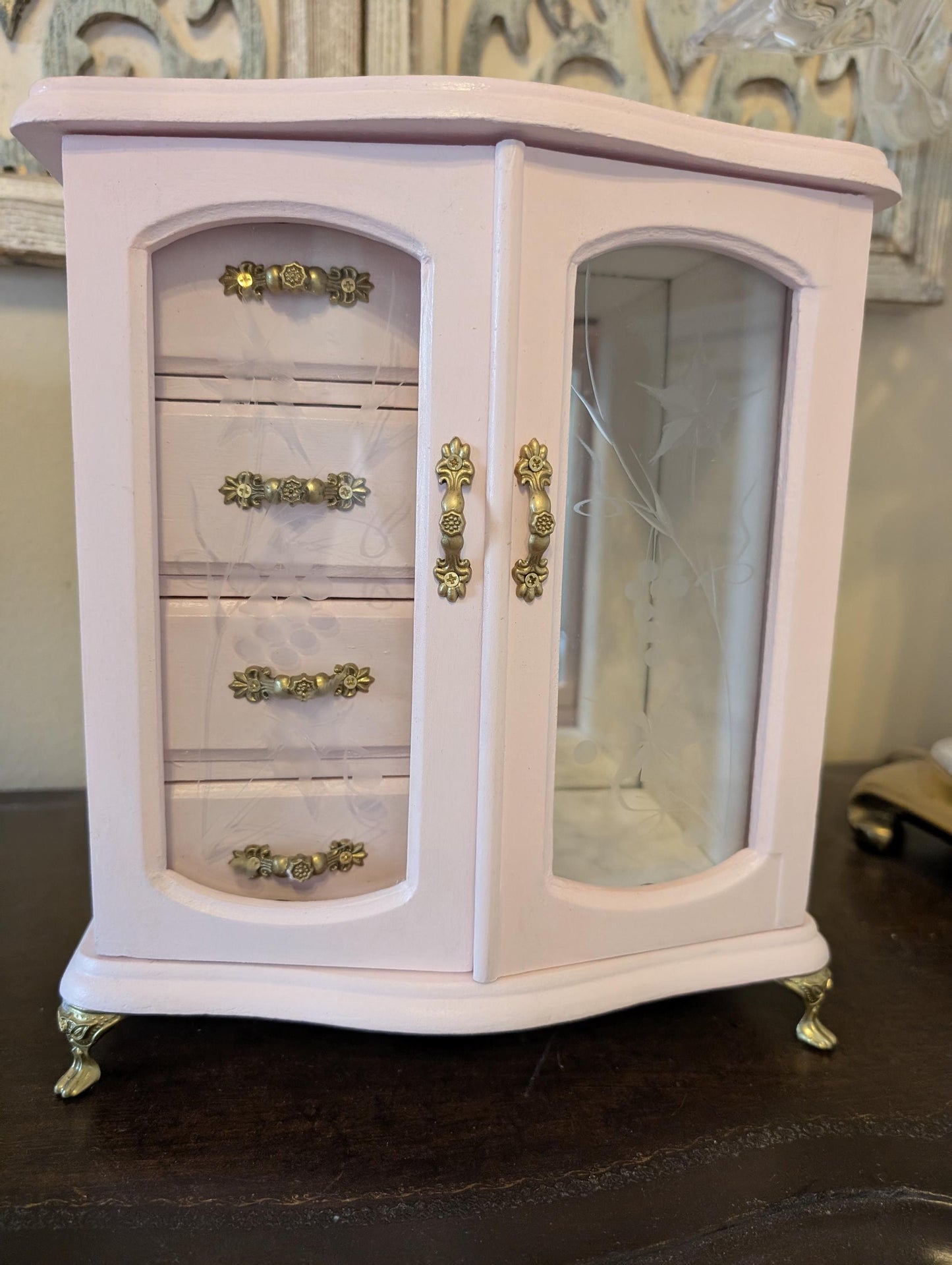 Vintage Custom Hand Painted Shabby Chic Tabletop Pink White & Gold Jewelry Box